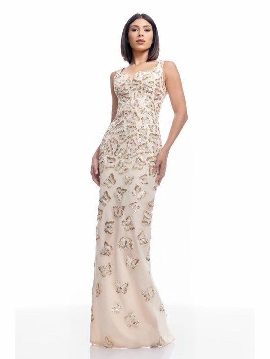 NWT Dress The Population Goldie Sequin Butterfly Champagne Multi Column Gown